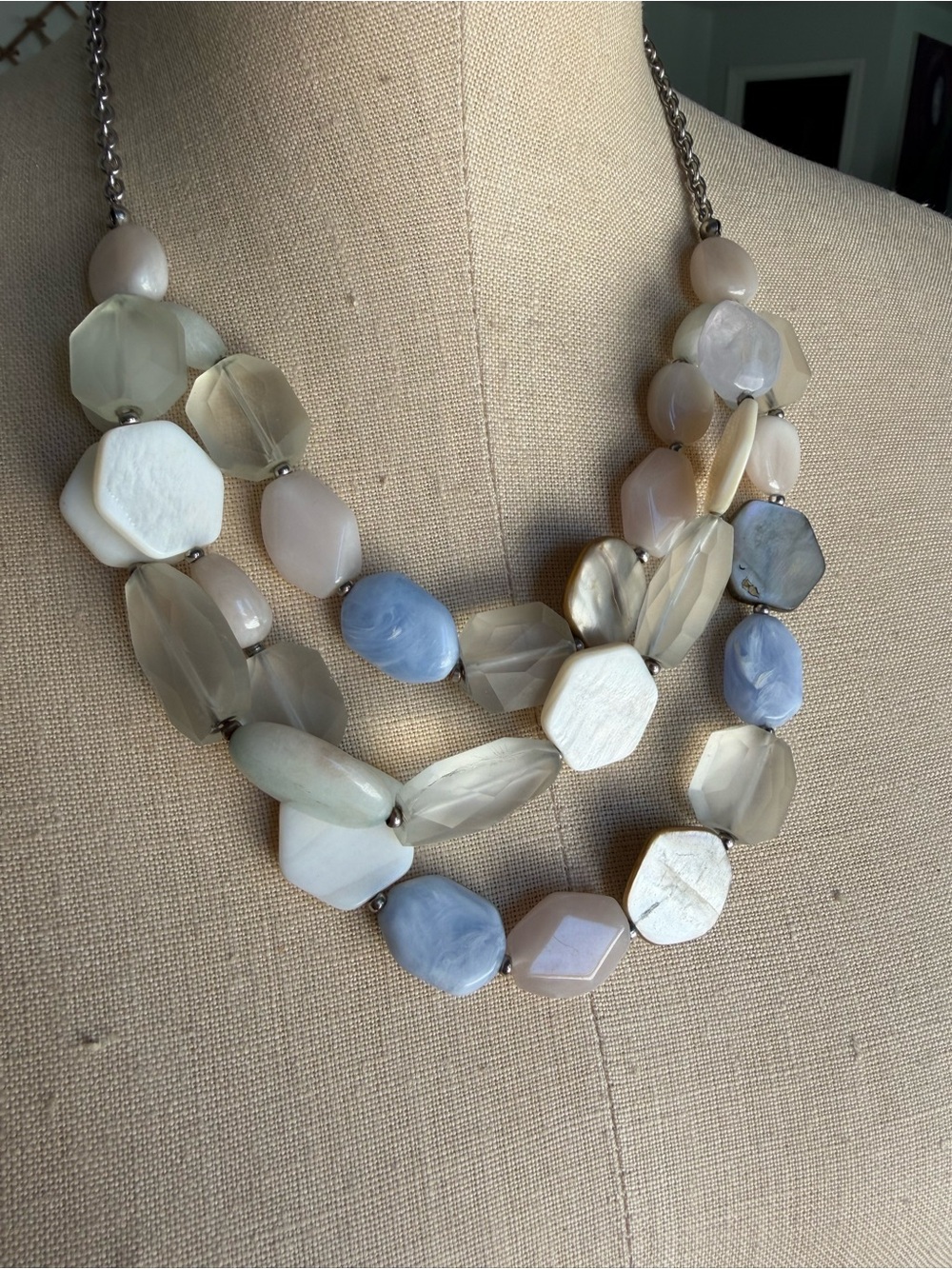 LOFT Chunky Multi Strand Pastel Chunky Stone Statement Necklace Blue Blush Cream - Picture 2 of 3